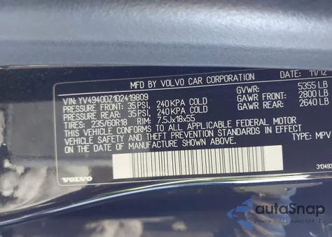 2013 Volvo Xc60 3.2 Premier из США, поврежденный, VIN YV4940DZ1D2419809